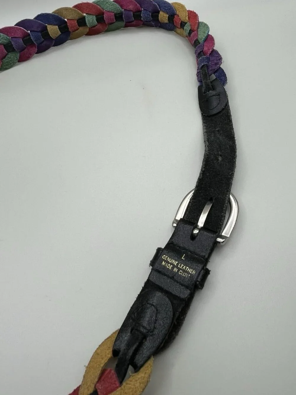 VTG 80s Rainbow Braided Genuine Leather Belt Size Large Colorblock Retro Funky